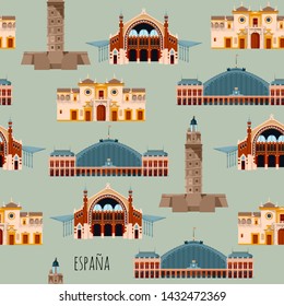 Sights of Spain. Madrid, Railway station Atocha, A Coruna, Tower of Hercules, Seville, Bullring Maestranza, Valencia, Columbus Market. Seamless background pattern. Vector illustration. 