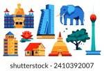 Sights of Sri Lanka - flat design style objects set. High quality images of Dambulla Golden Temple, White Dagoba, Colombo Lotus Tower, elephant, water lily flower, urban apartments, Asia idea