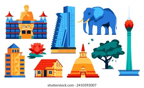 Lugares de Sri Lanka - conjunto de objetos de diseño plano. Imágenes de alta calidad del Templo Dorado de Dambulla, Dagoba Blanca, Torre Colombo Lotus, elefante, flor de nenúfares, apartamentos urbanos, idea de Asia