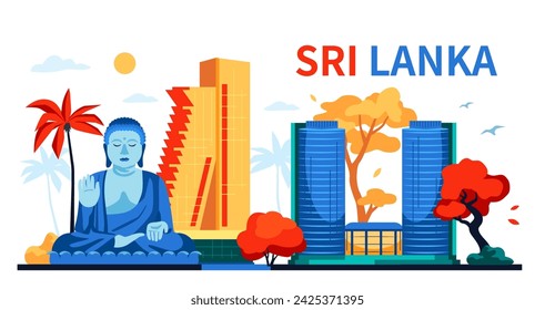 Sights of Sri Lanka - modern colored vector illustration with World Trade Center in Colombo and giant buddha statue. Asian national pride, unesco heritage, antiquity, Buddhism and modern architecture
