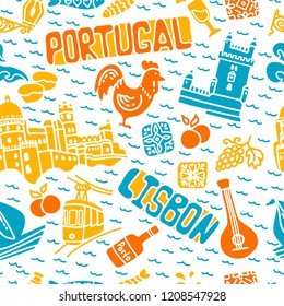 Sights and symbols of Portugal, Lisbon seamless pattern: cock, tram, sailboat, oranges, fish, grapes, Belem Tower, Pena National Palace, Pastel de nata. Hand Drawn, Doodle, Vector