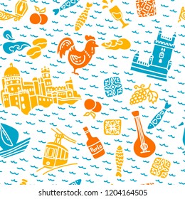 Sights and symbols of Portugal seamless pattern: cock, tram, sailboat, oranges, fish, grapes, Belem Tower, Pena National Palace, Pastel de nata. Hand Drawn, Doodle, Vector