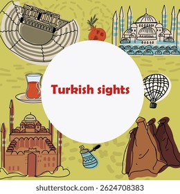 Sights of Turkey, Istanbul background, template. Hand drawn vector line doodle simple art.