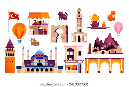 Sights of Turkish Cities - flat design style objects set. High quality colorful images of Hagia Sophia Grand Mosque, Valley of the Witch Trumpets, Arched gates of Side, Saat Kulesi clock tower