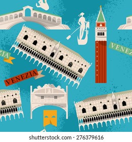 Sights of Venice. Italy, Europe. Seamless background pattern. Vector illustration