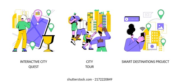 Sightseeing abstract concept vector illustration set. Interactive city quest, city tour, smart destinations project, urban park, old town, taking photos, smart spot, IoT tags abstract metaphor.