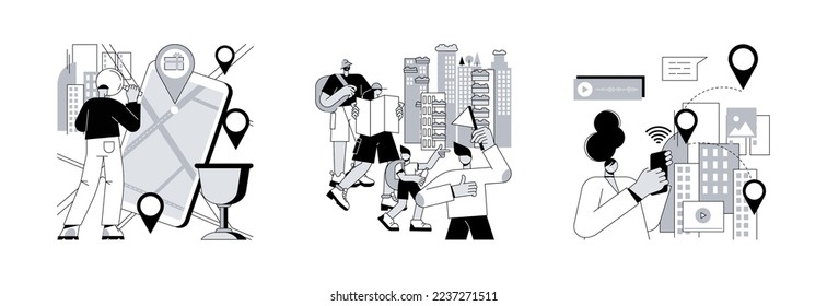 Sightseeing abstract concept vector illustration set. Interactive city quest, city tour, smart destinations project, urban park, old town, taking photos, smart spot, IoT tags abstract metaphor.