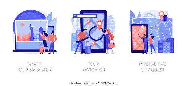 Sightseeing adventure planning metaphors. Smart tourism system, tour navigator, interactive city quest. Abroad country active recreation. Vector isolated concept metaphor illustrations.