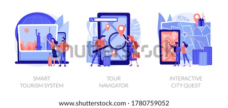 Vector Sightseeing adventure planning metaphors. Smart tourism system, tour navigator, interactive city quest. Abroad country active recreation. Vector isolated concept metaphor illustrations.