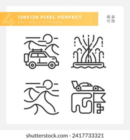 Sightseeing Dubai tourism linear icons set. Jeep trip. Dune bashing safari. formula one grand prix racing. Customizable thin line symbols. Isolated vector outline illustrations. Editable stroke