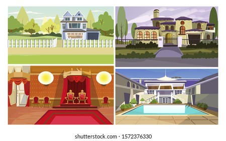 Sightseeing flat vector illustration set. Palace, hotel, houses. Tourism and nature concept