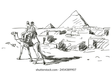 Sightseeing at Giza pyramid complex in Egypt, Hand drawn illustration, Two men tourists on camel exploring the great pyramids of Giza, Vector sketch