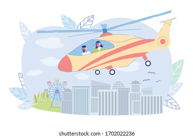 Sightseeing Helicopter Tour Over City, Cartoon. Guy with Girl Rejoicing in Cockpit Helicopter, Flying over City. Woman Conducts an Excursion over Rooftops City, Sitting in Helicopter.