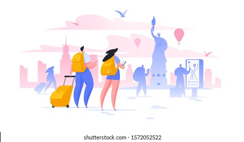 Sightseeing holiday in New York flat vector illustration. Male and female tourists taking photo of Statue of Liberty cartoon characters. Vacation in USA. World famous attraction excursion