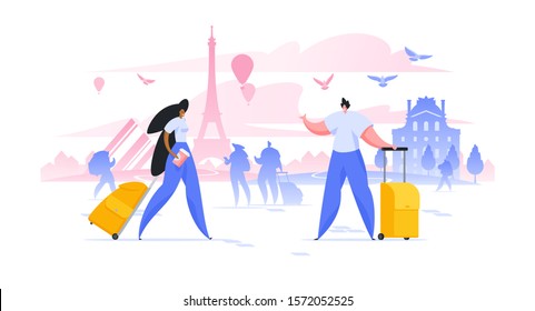 Sightseeing holiday in Paris flat vector illustration. Man and woman with suitcases in European city cartoon characters. France world famous landmarks excursion. Vacation in Europe composition