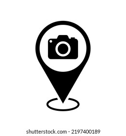 sightseeing hotspot location map pointer, photo camera icon with location pin, black symbol isolated on white background, vector marker, take a picture sign