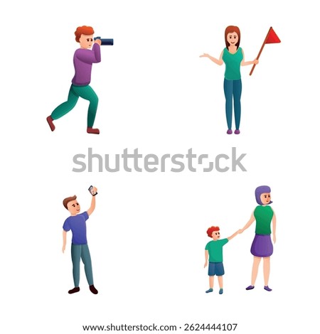 Sightseeing icons set cartoon vector. Tour guide and tourist group. Excursion, journey