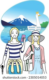 Sightseeing at a lake in Japan with other women