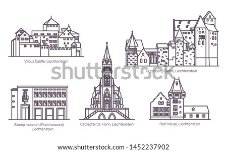 Sightseeing landmarks of Liechtenstein in thin line. Old Gutenberg castle and Saint Florin cathedral, Red House of Vaduz and Stamp museum, postmuseum. Famous tourism architecture landmarks
