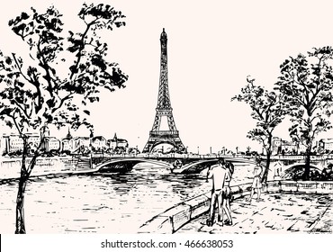  sightseeing of paris, hand drawn illustration, vector. etch style 