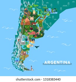 Sightseeing places on Argentina map. Landmarks like Iguazu fall and Obelisk, Ushuaia and Cordoba cathedral, prehistoric rock art and ruins at San Ignacio. Tango dancers, wine. South America theme