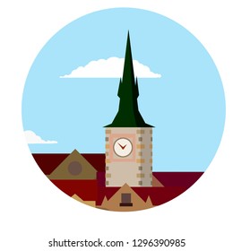 Sightseeing In Prague. Clock tower. A symbol of a tourist trip to the Czech Republic. Medieval town in the logo circle. The roof of the house with a spire. Cartoon flat illustration