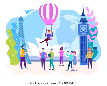 Sightseeing tour with a guide, the concept of travel, architecture of distant countries, the trip team. Vector illustration for social media, banners, posters.