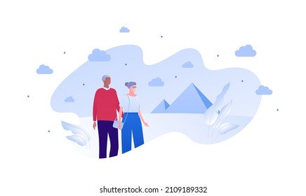 Sightseeing tourism and famous places travel concept. Vector flat people illustration. Senior adult family character. Couple of old african man and woman. Abstract pyramid building on background