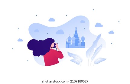 Sightseeing tourism and famous places travel concept. Vector flat people illustration. Young adult woman make photo by camera. Abstract orthodox temple building symbol on background.