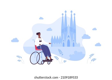 Sightseeing tourism and famous places travel concept. Vector flat people illustration. Disabled character on wheelchair. African adult girl with photo camera. Abstract cathedral building symbol.