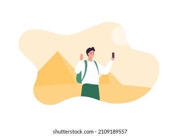 Sightseeing tourism and famous places travel concept. Vector flat people illustration. Young adult male tourist make selfie by smartphone. Abstract egyptian pyramid building symbol on background.