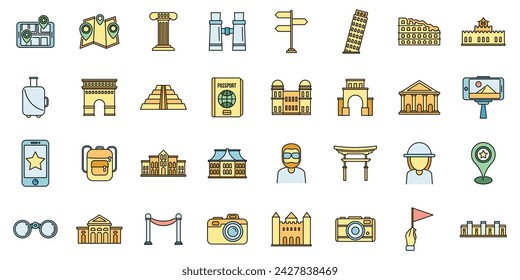 Sightseeing tourist icons set. Outline set of sightseeing tourist vector icons thin line color flat on white