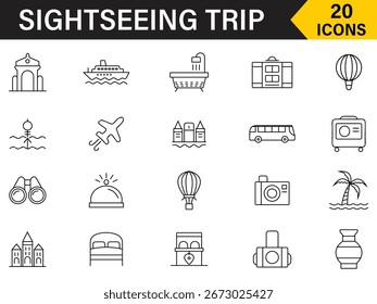 Conjunto de iconos de viaje turístico. Incluye iconos como pasaporte, vacaciones de verano, hotel, museo, aeropuerto, equipaje, vuelo y más símbolo de contorno. Colección de iconos de línea de viaje turístico. Ilustración vectorial.