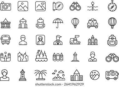 Sightseeing Trip Line Icons Set. Landmarks, Travel, Exploration, Adventure. Vector Illustration. Editable Stroke	