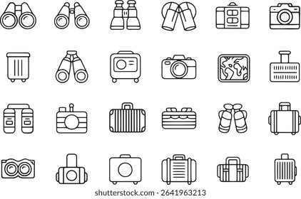 Sightseeing Trip Line Icons Set. Landmarks, Travel, Exploration, Adventure. Vector Illustration. Editable Stroke	