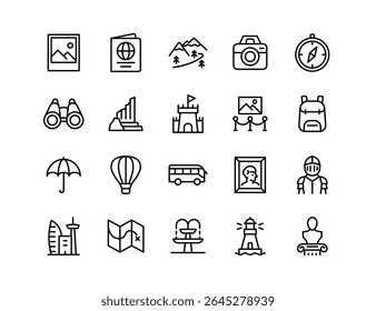 Sightseeing Trip Vector Icon Set | Adjustable Line Weight | Travel, camera, map, monument, museum, castle, compass, lighthouse, statue, binoculars, bus, art, adventure icons