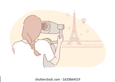 Sightseeng, travel, tourism concept. Young adventurous woman traveller looks at Eiffel tower. Girl tourist is on vacation in Paris. Eiffel tower is famous landmark in europe. Simple flat vector