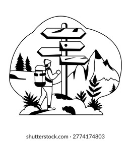 Sightseer with direction board, glyph character illustration 