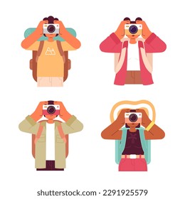 Sightseers capturing travel memories with camera semi flat colorful vector characters set. Editable half body people on white. Simple cartoon spot illustration pack for web graphic design, animation