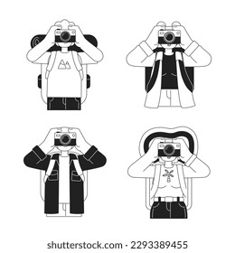 Sightseers capturing travel memories with camera monochromatic flat vector character set. Editable thin line people on white. Simple bw cartoon spot image pack for web graphic design, animation