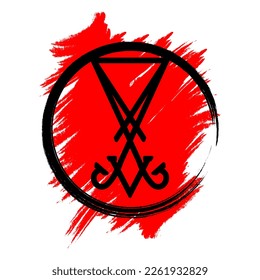 Sigil of Lucifer icon illustration, sticker or t-shirt print design in Gothic style. Lucifer sign with red brush stroke. Vector isolated on white background.