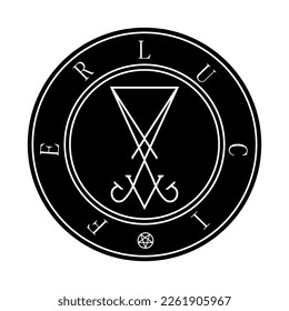 Sigil of Lucifer icon, sticker or t-shirt print design illustration in Gothic style. Lucifer text in circle, vector isolated on white background. 