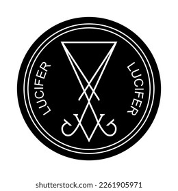 Sigil of Lucifer icon, sticker or t-shirt print design illustration in Gothic style. Lucifer text in circle, vector isolated on white background. 