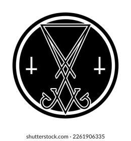 Sigil of Lucifer icon, sticker or t-shirt print design illustration in Gothic style. Sigil of Lucifer in circle, vector isolated on white background. 