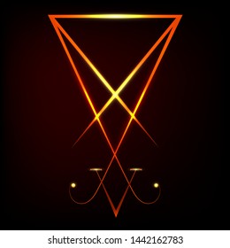 A sigil of Lucifer in neon. Grunge styled distressed demonology vector illustration: Lucifer sigil isolated. Satan Devil Lucifer sigil with reversed pentagram