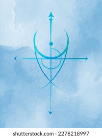 Sigil of Protection. Divine Magical Amulets. Sacred Geometry, religious symbol. Hand drawing icon, logos and prints, direction of fortune. Vector isolated on blue watercolor background