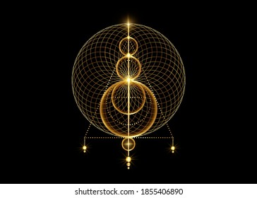 Sigil of Protection. Gold Magical Amulet. Luxury golden logo shiny overlapping circles print. Magic Alchemy of Sign Occult. Wiccan symbol, Sacred Geometry, vector isolated on black background 