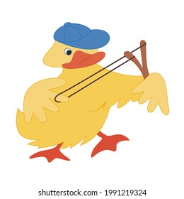Sigle funny duckling in a cap with a slingshot. Happy playful yellow baby duck. Hand-drawn cartoon character, flat style. Young pet, bird. For a child, illustration, coloring. For print, internet.