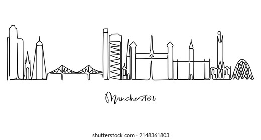 Dibujo de una sola línea de la ciudad de Manchester. Paisaje de rascacielos urbanos en el mundo. Mejor destino de vacaciones en la pared decoración póster concepto de vacaciones de arte. Ilustración vectorial de dibujo de línea continua