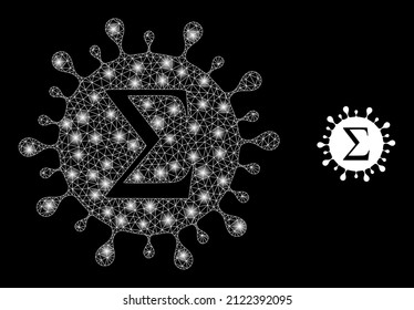 Sigma coronavirus icon and glowing mesh net Sigma coronavirus model with flare light spots. Illuminated model is generated from Sigma coronavirus vector icon and polygonal mesh.